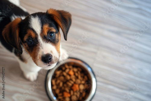 Cute Jack Russell terrier puppy stands near a bowl with tasty dry food and looks up at home photo