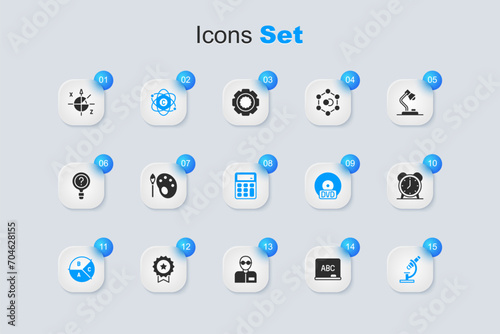 Set Chalkboard, Paint brush with palette, Atom, Pie chart infographic, Microscope, Alarm clock, Trigonometric circle and Calculator icon. Vector
