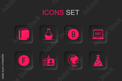 Set Identification badge, Test tube, File document, Earth globe, Laptop, Exam paper with incorrect answers and icon. Vector