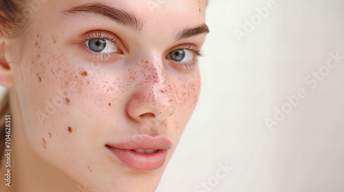 teenage woman with hormonal acne and freckles, closeup portrait