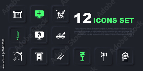 Set Medieval poleaxe, throne, helmet, goblet, sword, flag, Crusade and arrows icon. Vector