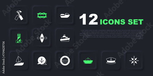 Set Captain hat, Wind rose, Kayak and paddle, Folded paper boat, Lighthouse, Anchor, Nautical rope knots and Ship porthole icon. Vector