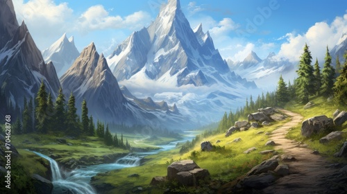 A Painting of a Mountain Landscape With a Stream © cac_tus