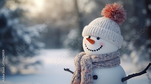Cute snowman in a hat and knitted scarf. Winter background with copy space.