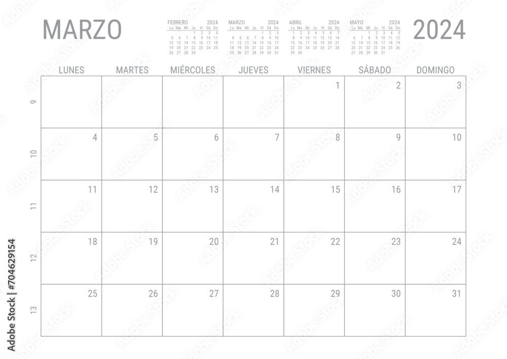 Marzo Calendario 2024 Mensual para imprimir con numero de semanas A4 - obrazy, fototapety, plakaty 