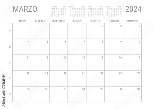 Marzo Calendario 2024 Mensual para imprimir con numero de semanas A4