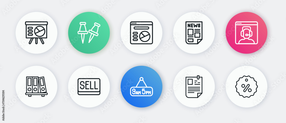 Set line From 9 to 5 job, Telephone 24 hours support, Office folders, Resume, News, Pie chart infographic, Discount percent tag and Sell button icon. Vector Set line From 9 to 5 job, Telephone 24 hours support, Office folders, Resume, News, Pie chart infographic, Discount percent tag and Sell button icon. Vector