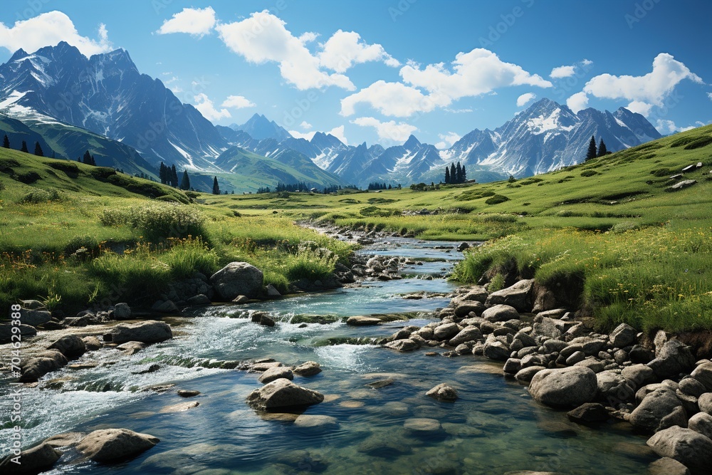 Alpine meadow with river and mountain range
