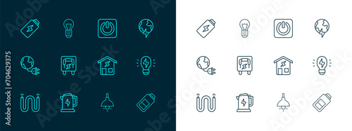 Set line Global planet with thunderbolt, Electric kettle, Smart home, Lamp hanging, Electrical panel, Power button, Battery charge and Creative lamp light idea icon. Vector