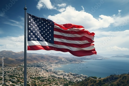 American flag waving over a coastal city