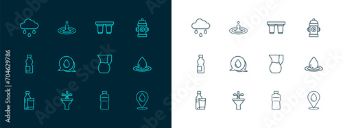 Set line Fire hydrant, Fountain, Jug glass with water, Bottle of, Water drop speech bubbles, filter cartridge, Cloud rain and icon. Vector