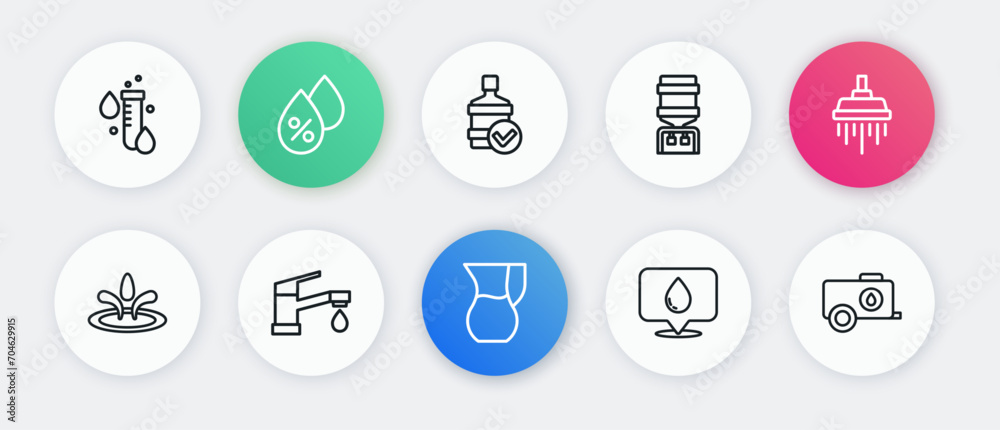Set line Jug glass with water, Shower, Water drop, location, cooler, Big bottle clean, Mobile tank and tap icon. Vector Set line Jug glass with water, Shower, Water drop, location, cooler, Big bottle clean, Mobile tank and tap icon. Vector