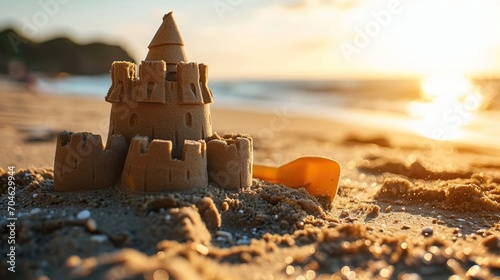 Sunny day and sandcastle with shovel on the beach. Created with Generative Ai technology. © Viktor
