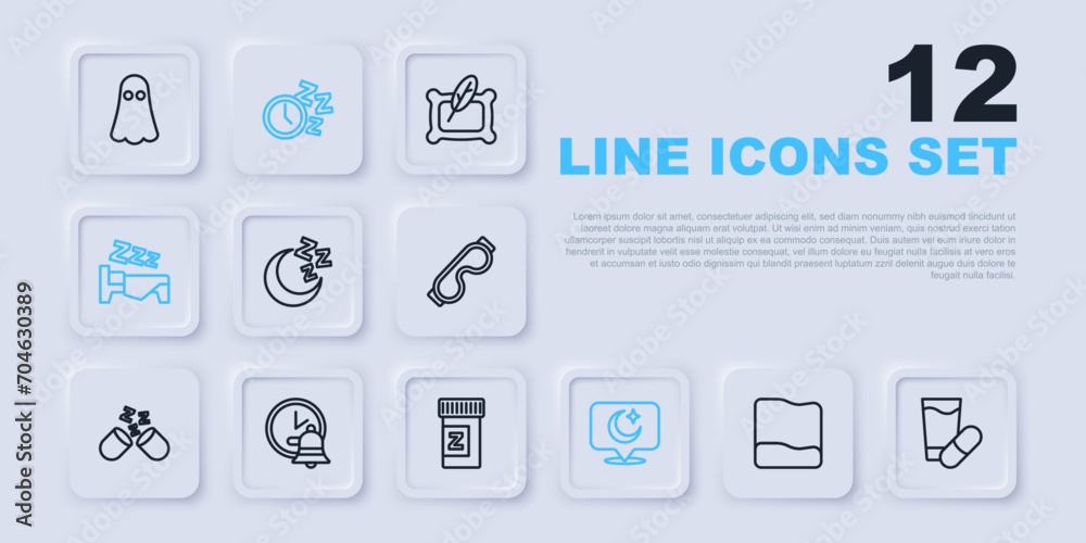 Set line Pillow, Sleeping pill, Moon and stars, Time to sleep, Alarm clock, and icon. Vector Set line Pillow, Sleeping pill, Moon and stars, Time to sleep, Alarm clock, and icon. Vector