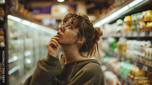 Woman Deep in Thought in Grocery Store Aisle During Economic Recession photo