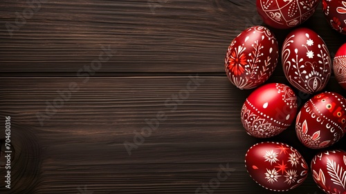 Red Easter Eggs on a wooden Background with Copy Space. Template for a Happy Easter Greeting Card