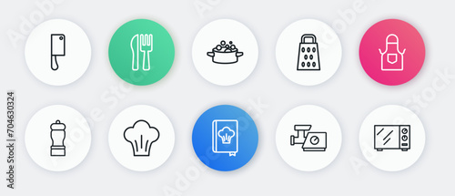 Set line Cookbook, Kitchen apron, Pepper, meat grinder, Grater, Cooking pot, Microwave oven and Chef hat icon. Vector
