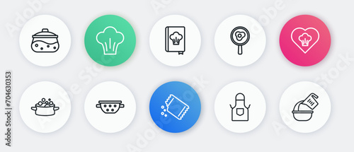 Set line Packet of pepper, Chef hat, Cooking pot, Kitchen apron, Fried eggs frying pan, Cookbook, Measuring cup and bowl and colander icon. Vector