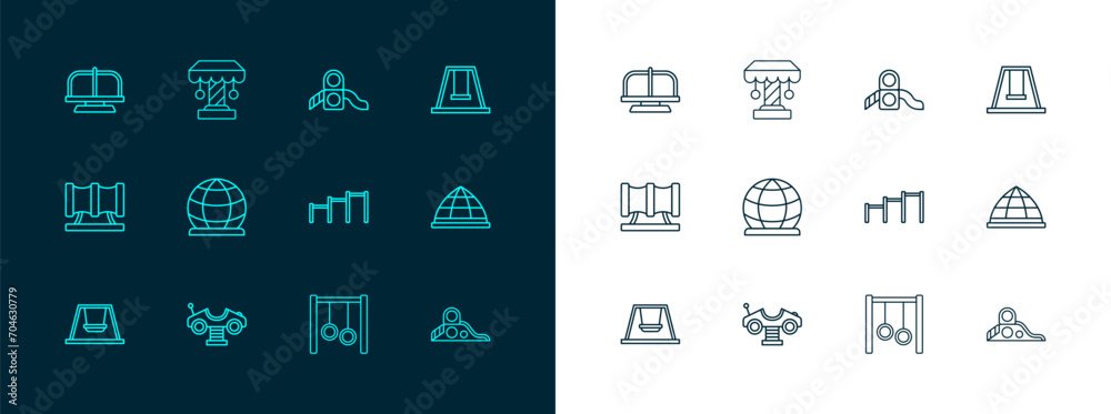 Set line Swing for kids, car, Sport horizontal bar, Gymnastic rings, Playground climbing equipment, Slide playground, Attraction carousel and icon. Vector Set line Swing for kids, car, Sport horizontal bar, Gymnastic rings, Playground climbing equipment, Slide playground, Attraction carousel and icon. Vector
