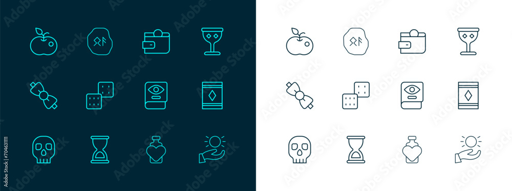 Set line Medieval goblet, Old hourglass, Ancient magic book, Bottle with love potion, Game dice, Wallet, Poison apple and Magic runes icon. Vector Set line Medieval goblet, Old hourglass, Ancient magic book, Bottle with love potion, Game dice, Wallet, Poison apple and Magic runes icon. Vector