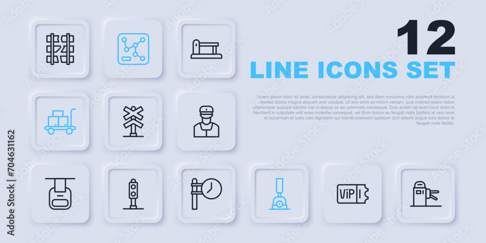 Set line Train ticket, Turnstile, Railroad crossing, Arrow for switching the railway, Trolley suitcase, traffic light, Railway map and station clock icon. Vector