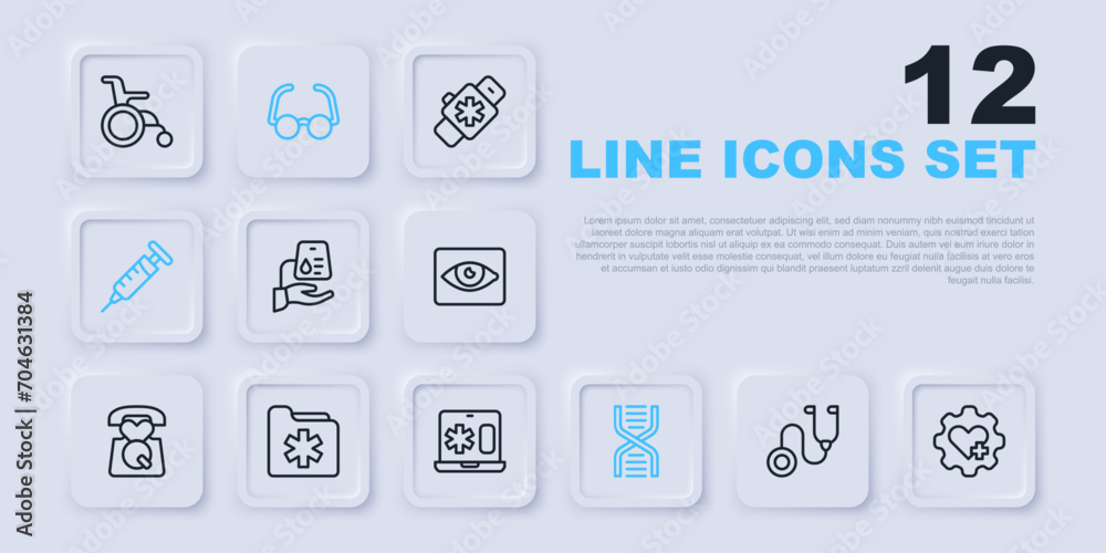 Set line Stethoscope, Heart with cross, Blood donation, DNA symbol, Syringe, Medical health record folder, Glasses and Clinical laptop icon. Vector