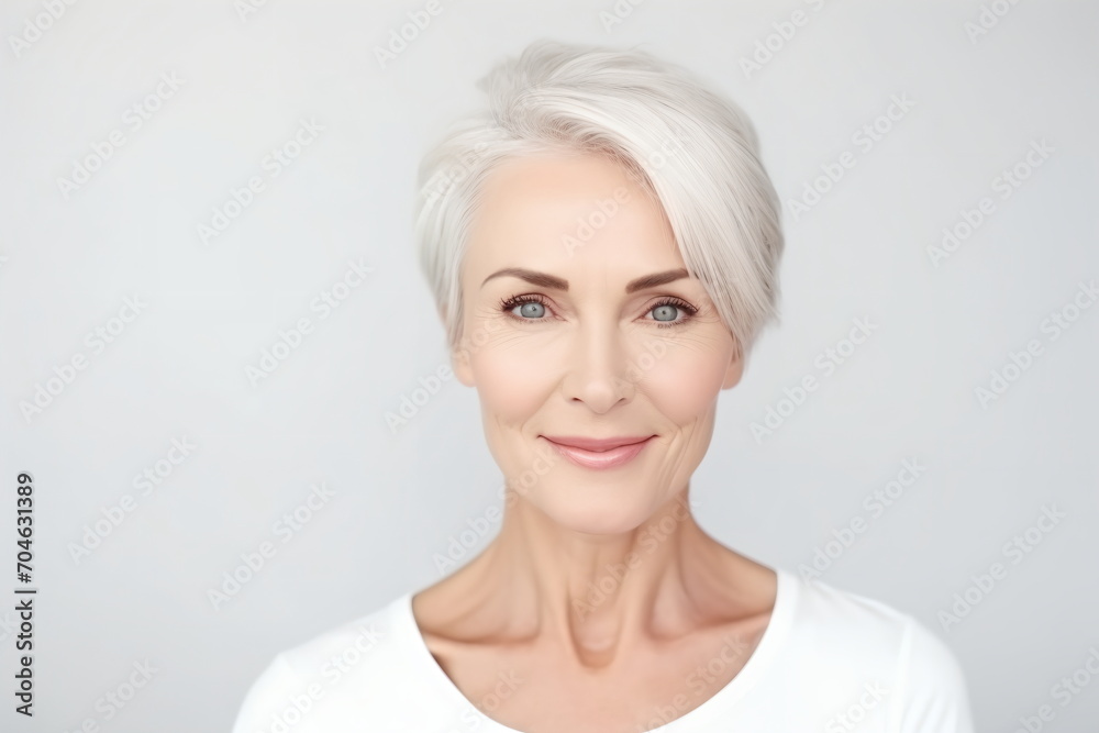 Portrait of a smiling mature woman with short white hair