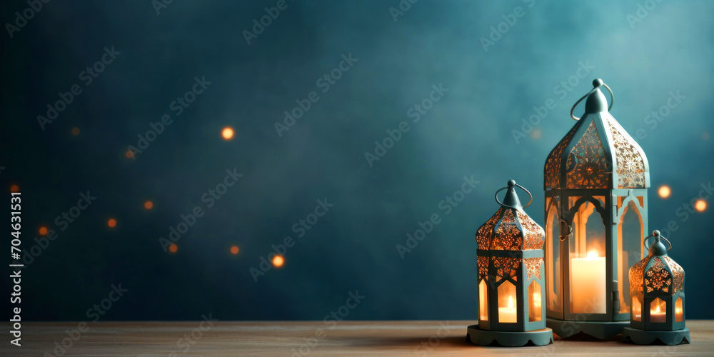 Fototapeta premium Background with traditional Muslim lanterns on dark blue - background on Muslim theme - free space for text