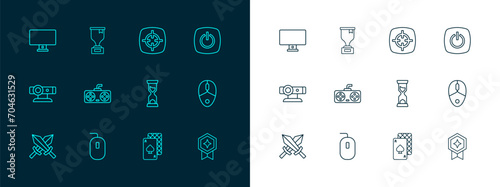 Set line Power button, Computer mouse, Old hourglass, Playing cards, Game controller or joystick, Target sport, monitor and Award cup icon. Vector