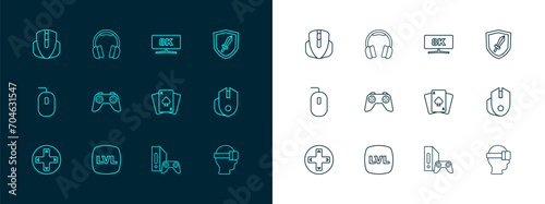 Set line Sword for game, Level, Playing cards, Game console with joystick, controller, Computer monitor, mouse and Headphones icon. Vector