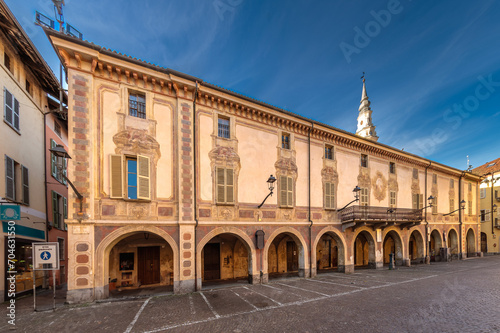 Carignano, Turin, Italy - November 18, 2023: view of the ancient former town hall building in Piazza San Giovanni