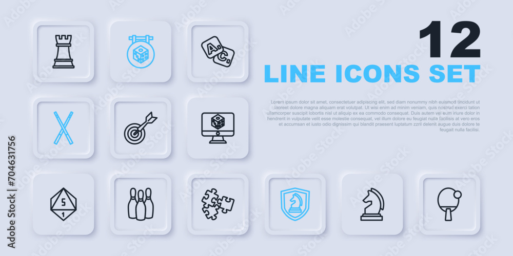 Set line Chess, Racket, Classic dart board and arrow, Crossed billiard cues, Bowling pin, Game dice and Puzzle pieces toy icon. Vector Set line Chess, Racket, Classic dart board and arrow, Crossed billiard cues, Bowling pin, Game dice and Puzzle pieces toy icon. Vector