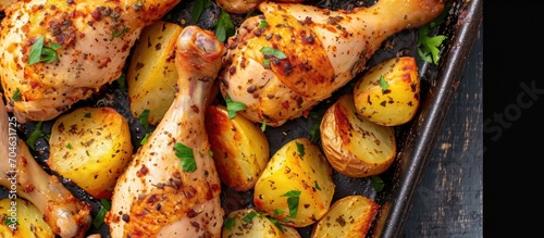 Baked chicken legs and potatoes, closeup view. photo