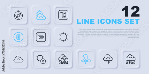 Set line Cloud and lightning, Wind, Rooster weather vane, Compass west, Sun, cloud and Acid rain radioactive icon. Vector