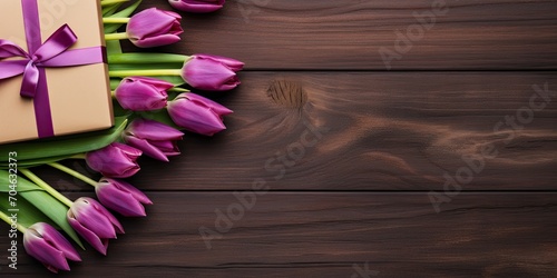 Top view of wooden table with gift box and purple tulips.