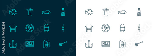 Set line Fisherman pants, finder echo sounder, Fishing net, Inflatable boat with motor, Outboard, and Lighthouse icon. Vector photo