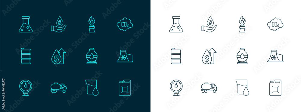 Set line CO2 emissions in cloud, Tanker truck, Oil tank storage, petrol test tube, price increase, rig with fire, and drop dollar symbol icon. Vector Set line CO2 emissions in cloud, Tanker truck, Oil tank storage, petrol test tube, price increase, rig with fire, and drop dollar symbol icon. Vector