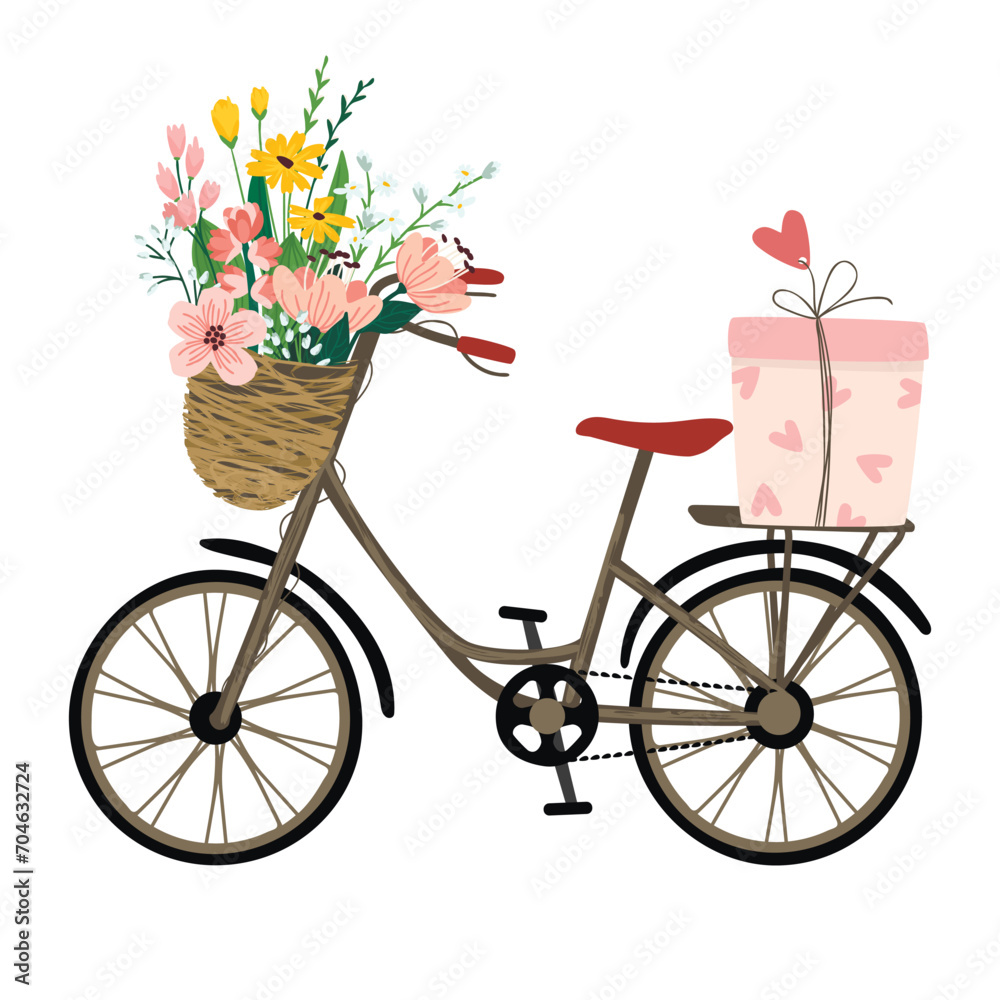 Vintage bike with flowers and gift.Floral bouquet in a basket and box with hearts and bow.Romantic elements for use in postcard,invitation,banner template.Vector illustration on white background.