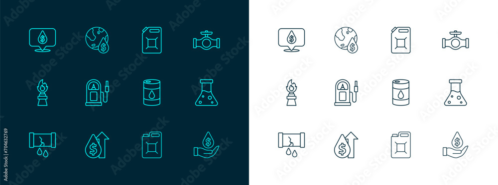 Set line Oil pipe with valve, price increase, Barrel oil, Canister for gasoline, Petrol station, drop dollar symbol and icon. Vector Set line Oil pipe with valve, price increase, Barrel oil, Canister for gasoline, Petrol station, drop dollar symbol and icon. Vector