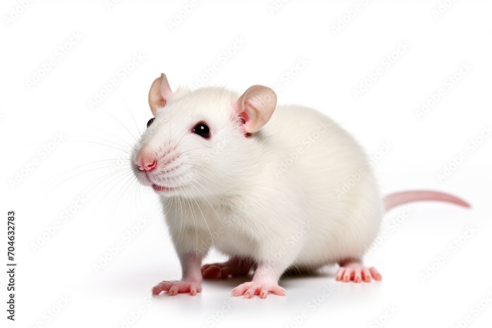 A white rat is standing on a white surface. Laboratory animal, testing model for research.