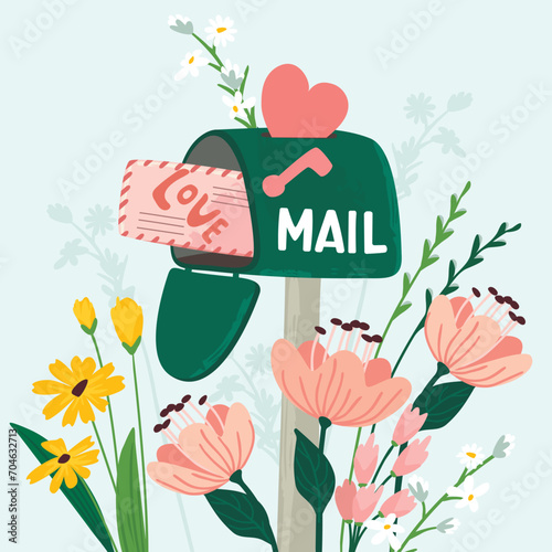 Mailbox with open lid and envelope.Floral composition and heart.Romantic background with Love hand lettering.Cute postcard,invitation,banner template,print on fabric and paper.Vector illustration.
