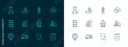 Set line CO2 emissions in cloud, Tanker truck, Oil tank storage, petrol test tube, price increase, rig with fire, and drop dollar symbol icon. Vector