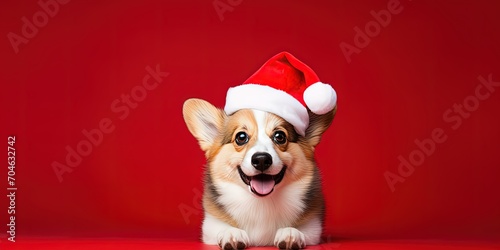 Funny little corgi with a santa hat and tongue sticking out on a red Christmas background in bright light. New Year mood  © Людмила