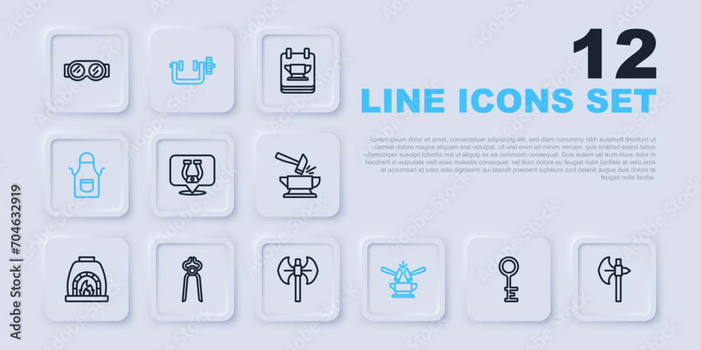 Set line Old key, Medieval axe, Horseshoe, Anvil and hammer, Blacksmith apron, pliers tool, Clamp screw and poleaxe icon. Vector Set line Old key, Medieval axe, Horseshoe, Anvil and hammer, Blacksmith apron, pliers tool, Clamp screw and poleaxe icon. Vector