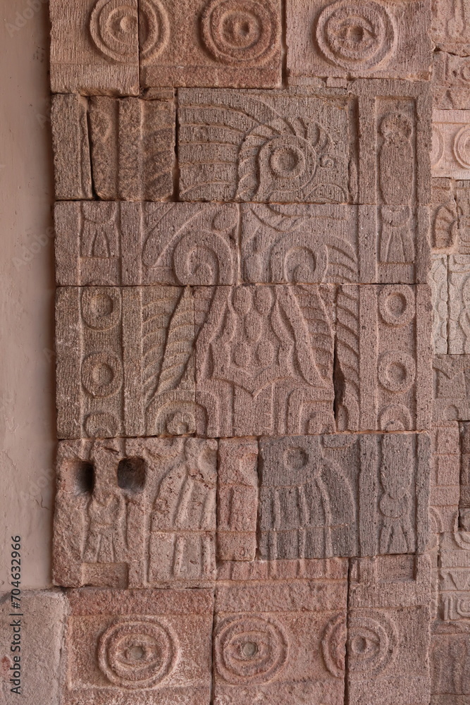 Relief/carving/stucco/mosaic on one of the pillars in the Quetzalpapálotl Palace/Palacio de Quetzalpapálotl at Teotihuacan, Mexico City Relief/carving/stucco/mosaic on one of the pillars in the Quetzalpapálotl Palace/Palacio de Quetzalpapálotl at Teotihuacan, Mexico City