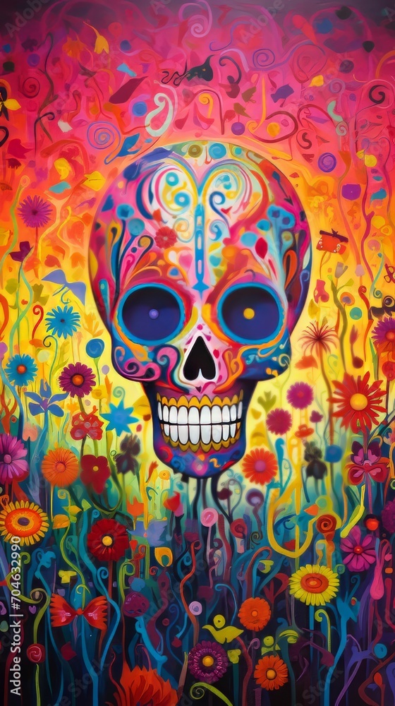 A Painting of a Skull in a Field of Flowers A Painting of a Skull in a Field of Flowers