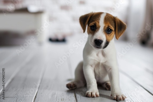 Cute jack russell terrier puppy sitting on the wooden floor at home, the dog is bored