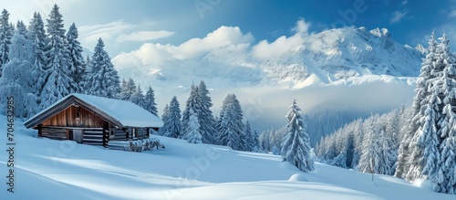 Stunning scenic winter view with traditional Alpine hut. © TheWaterMeloonProjec
