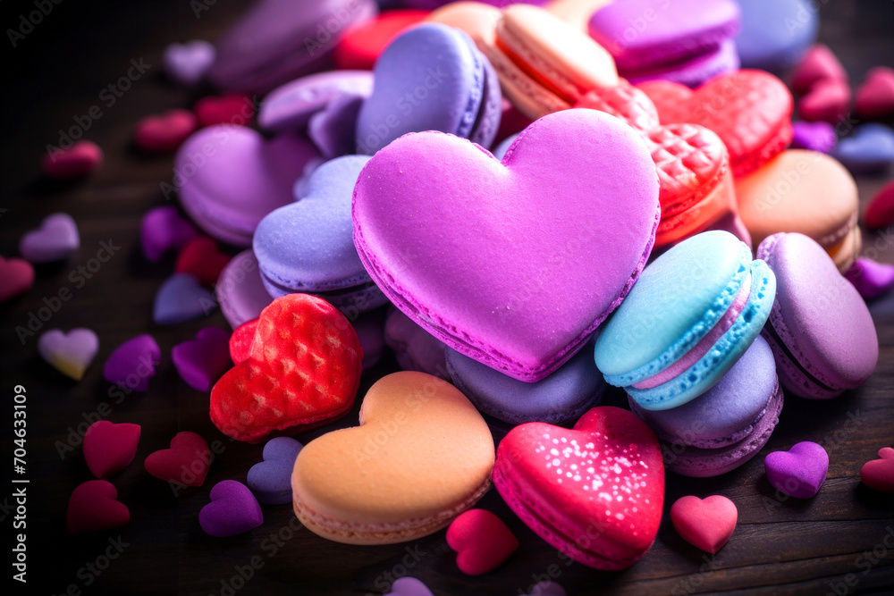 Obraz premium Colorful heart-shaped macaroons - food Valentine's Day card