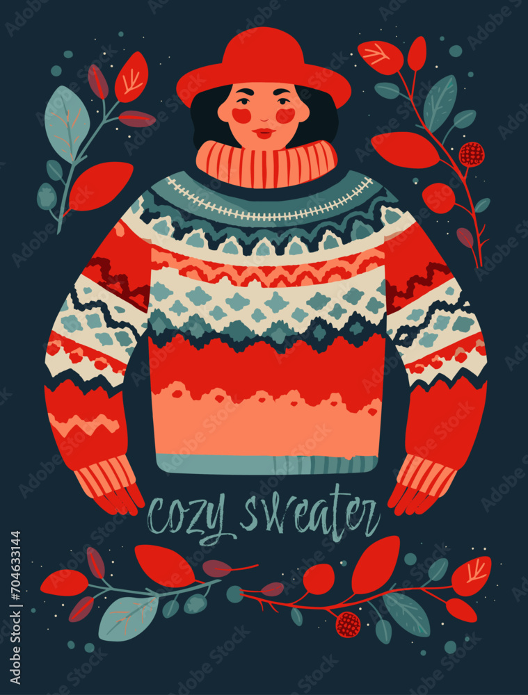 Card with woman in warm winter and autumn knitted sweater. Card with warm cozy vibe.